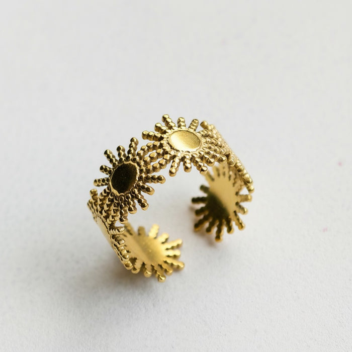 Solara Sunburst Ring in 18K gold PVD-plated finish, product shot on white background
