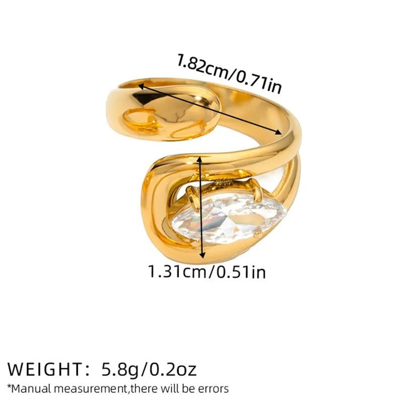 Pretty Shimmering Things Global Zaria sculptural gold open ring with a clear marquise stone and measurement details