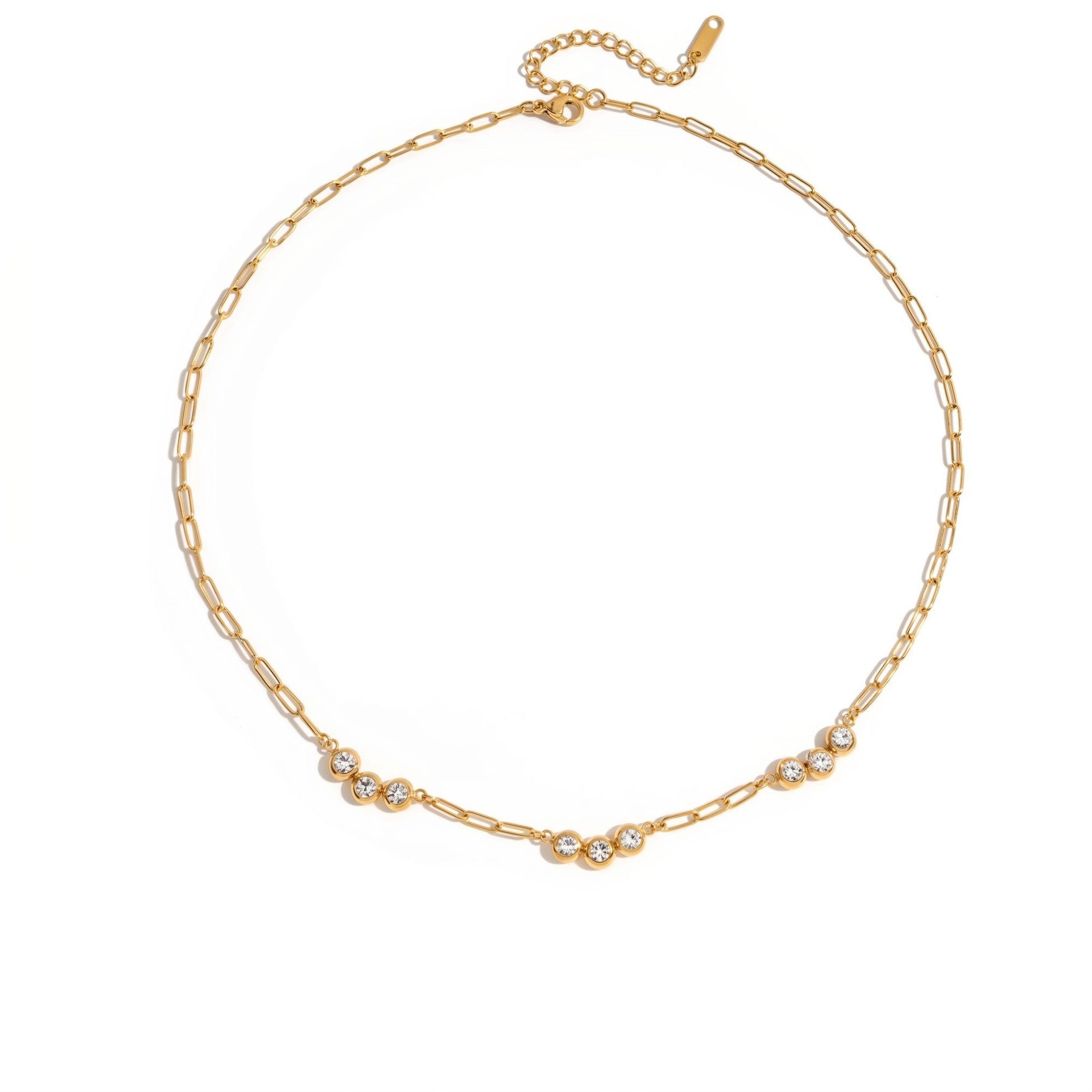 Pretty Shimmering Things gold paperclip chain necklace with bezel-set cubic zirconia accents and lobster clasp