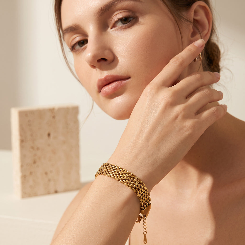Elowen Multi-Strand Gold Bracelet in gold-tone finish worn on the wrist