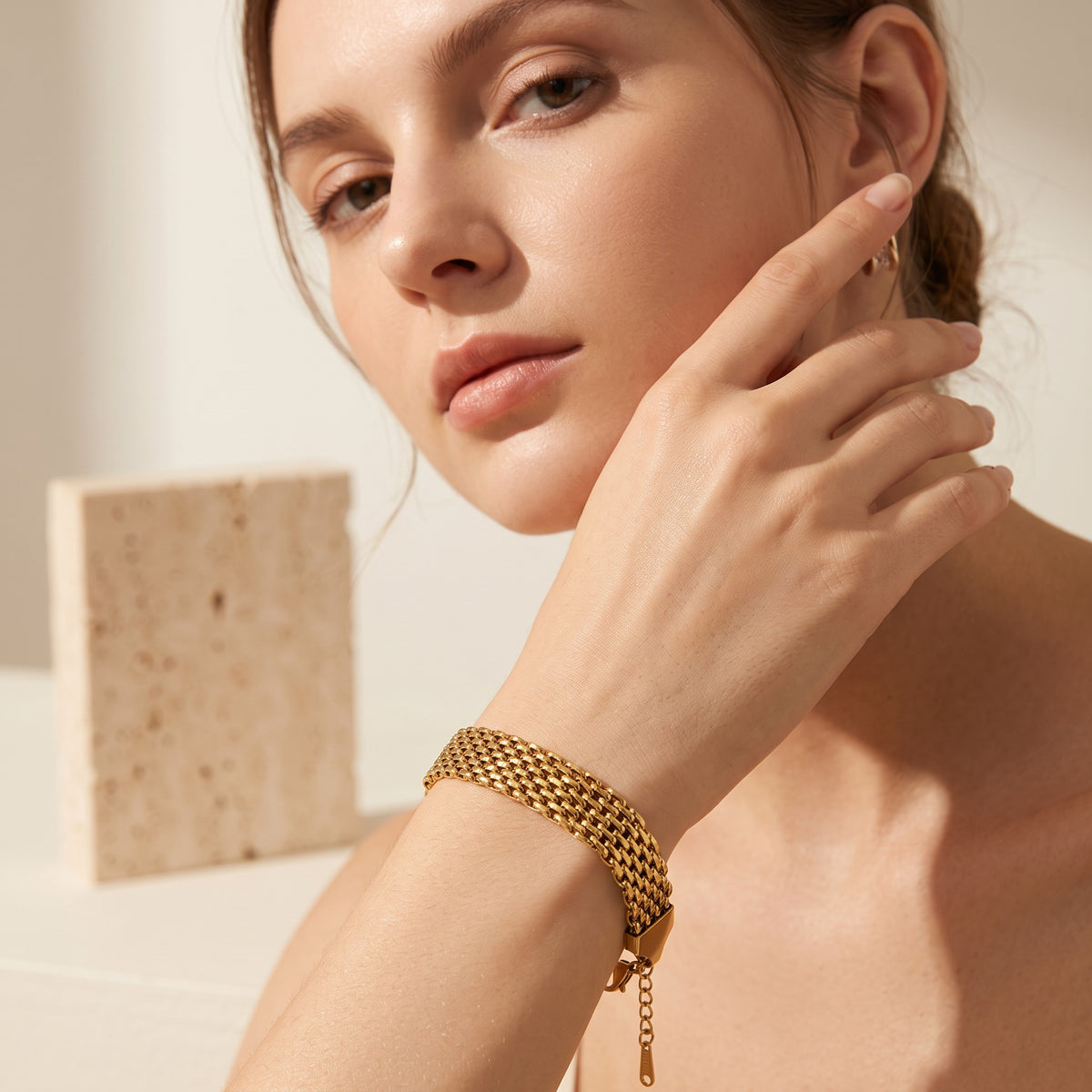 Elowen Multi-Strand Gold Bracelet in gold-tone finish worn on the wrist