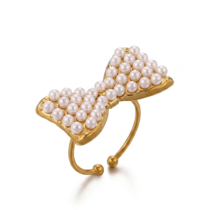 Madison Pearl Bow Open Ring in 18K gold PVD-plated finish, product shot on white background