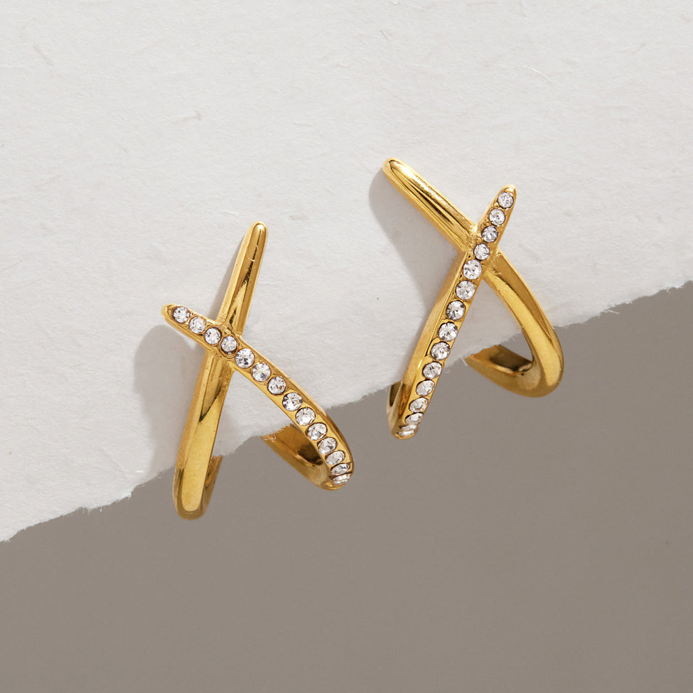 Talia Crisscross Sparkle Studs – 18K gold-plated earrings, view 2